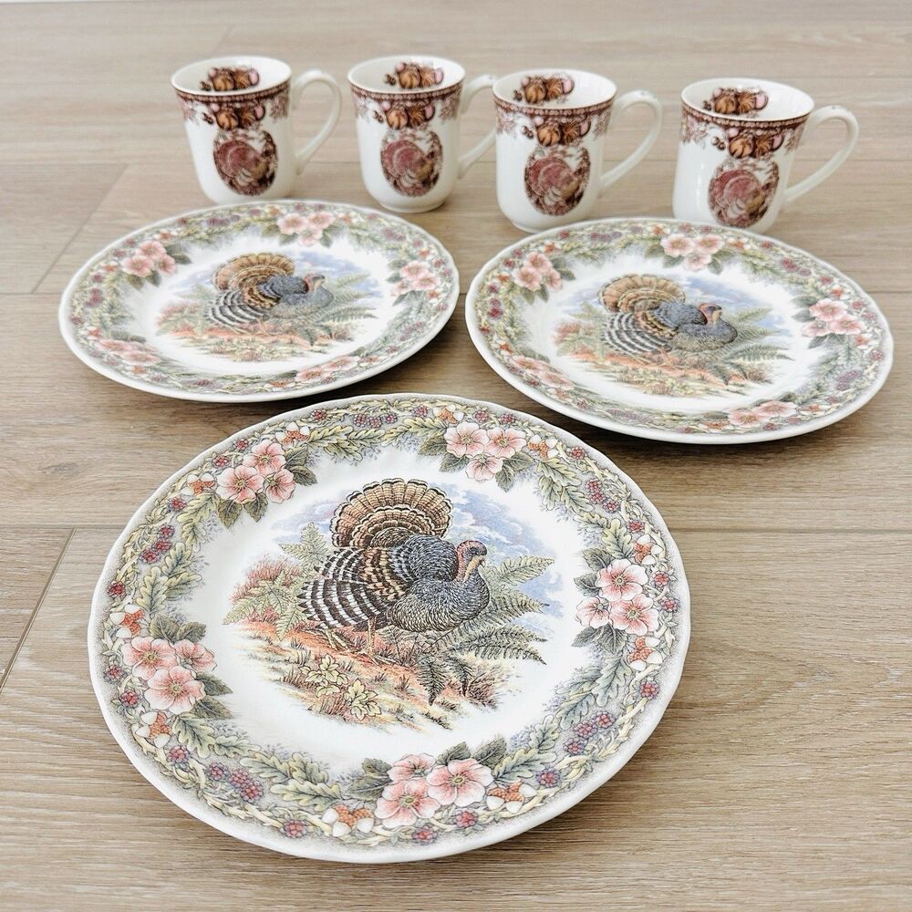 3 Myott Queen's Thanksgiving Transferware Turkey Dinner Plates 10" Mugs Johnson